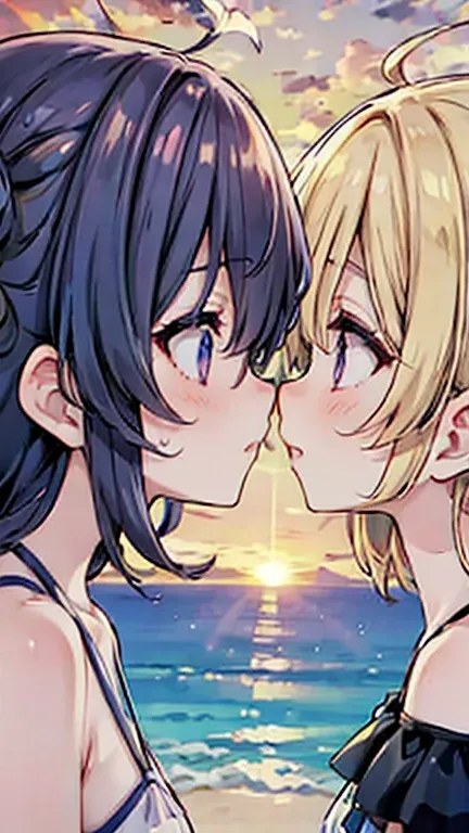 Two women in swimsuits kissing, beach, sunset, close-up