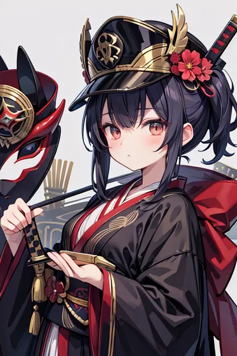 yukata,Masquerade Mask,military cap,holding sword,female,old,black mantle,cool,masterpiece,best quality,super detailed,super fine illustration