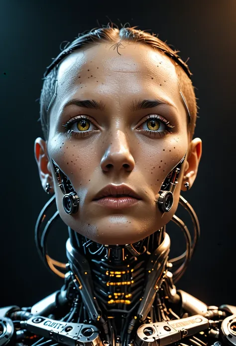 a futuristic cyborg's face fills the frame, split by a metallic-organic dichotomy. metallic half: gears whirring, wires snaking,...