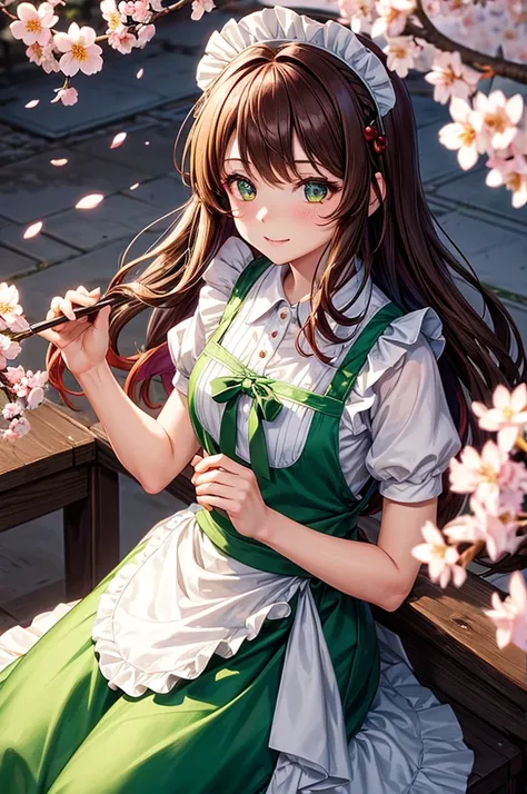 1girl, brown hair, multicolored hair, green eyes, maid, maid headdress, maid apron, cherry blossoms, sunbeam, wallpaper,