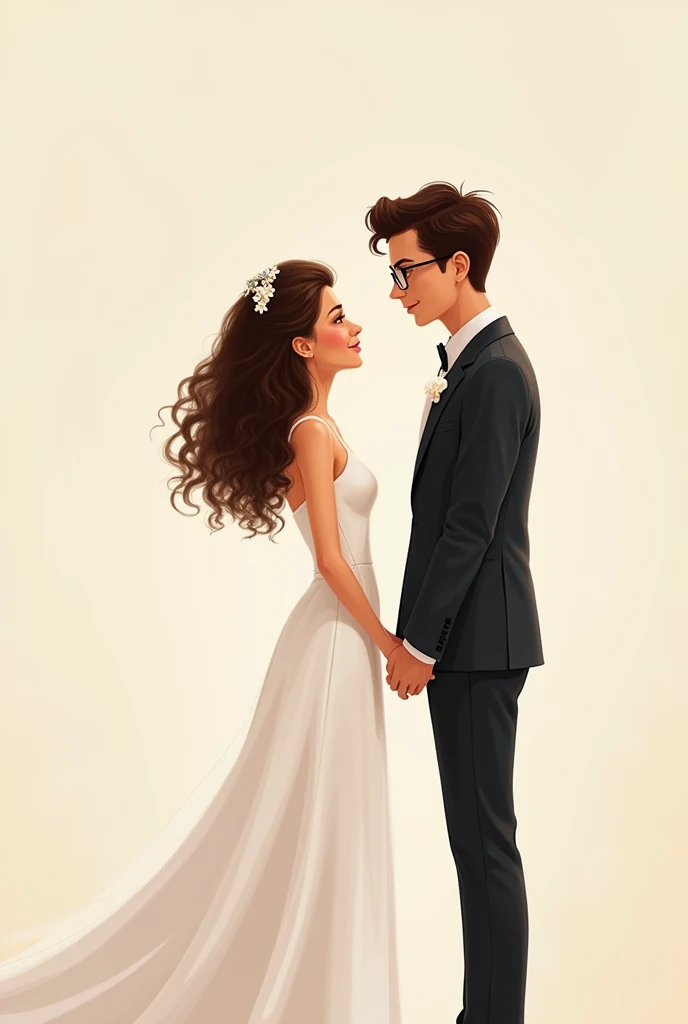 Create a drawing of a girl dressed as a bride with white skin and curly hair and a boy dressed as a groom with dark to light black skin with glasses that appear looking forward for a wedding invitation