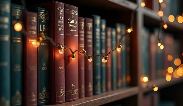 A close-up of a bookshelf filled with Harry Potter books, alongside other famous works by Rowling, with a magical glow emanating from the spines of the books.