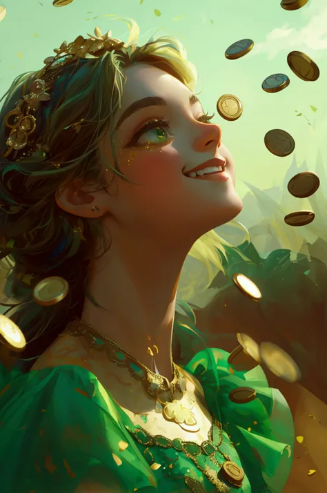 a super happy girl wearing a modern green dress , coins from the sky, super happy, full bpdy girl, 