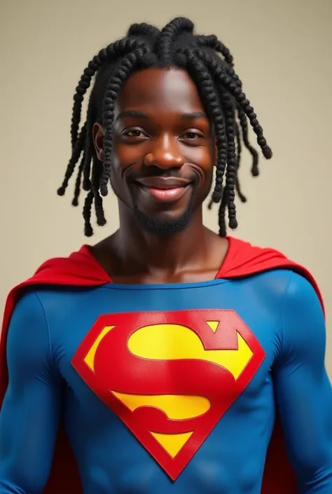 A 20 years old black man with braid hair and big nose in superman dress funny face. I want it without facial hair