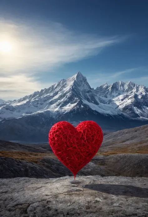 a surrealistic red heart in front of a mountain range , (best quality,4K,8k,highres,​masterpiece:1.2),Ultra-detail,(Realists,photoRealists,photo-Realists:1.37),elaborate details,cinematic lighting,The Fantasy,Digital Drawing, Very detailed,Film composition...