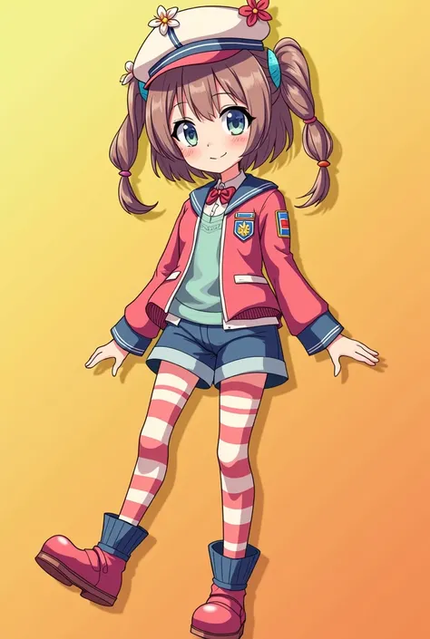 Anime full body girl, weird looking, stripey stockings, weird hat, gloves, warm colors, perdect face, hair accessories, colorful, shorts, accessories, official top outfit