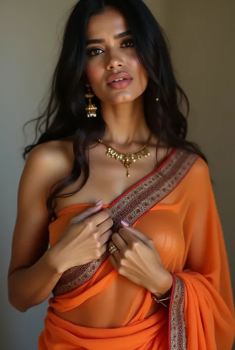 A gorgeous Indian girl with big breasts is wearing a saree that is transparent, she is biting her lips and has a lewd expression on her face, while she pushes her breasts together