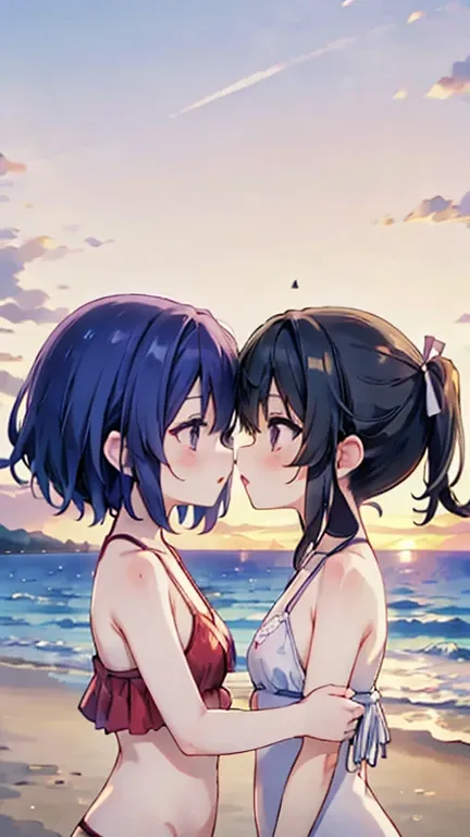 Two women in swimsuits kissing, beach, sunset, (kissing)