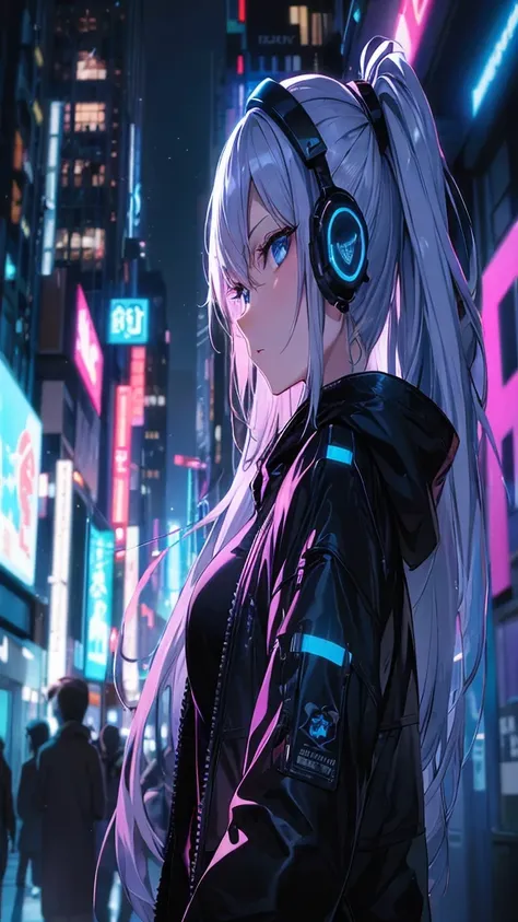 A cute girl with silver hair and blue streaks, in Japanese anime style, full-body close-up, blue eyes,long silver hair has striking sky blue and cobalt blue streaks,cyberpunk, cyber goth, large eyes, wearing a mini skirt, cyber-gothic outfit, combining sle...