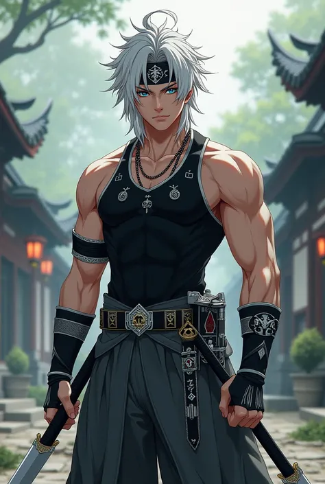 Height and Presence: The character is tall and muscular, with a commanding presence that exudes power and confidence.

body hair: She has short, silver hair with an edgy style., in a silvery-white tone similar to Tengen Uzui, but with a softer touch, fluid...