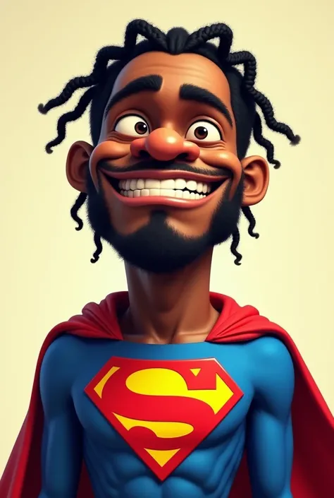 A  black man with braid hair and big nose in superman dress funny face. I want it without facial hair.