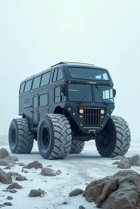 Big car. Large wheels on rocky and sandy terrain. Similar to an English bus. Ice cold, aesthetically beautiful solar powered 