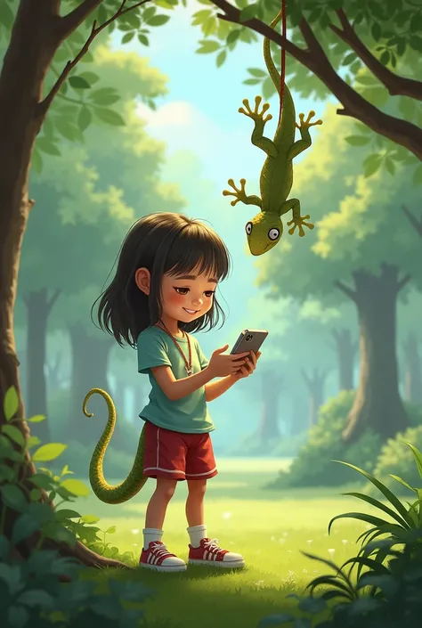 A young girl with a lizard tail , headlong (hanging by its tail) in a park playing (gaming) with phone in his hands.
