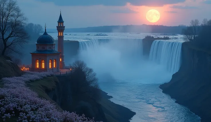 cinematic scene - high angle shot: a tiny mosque near a cliff with a waterfall flowing over a river, pastel flowers lined up nearby on a full moon night