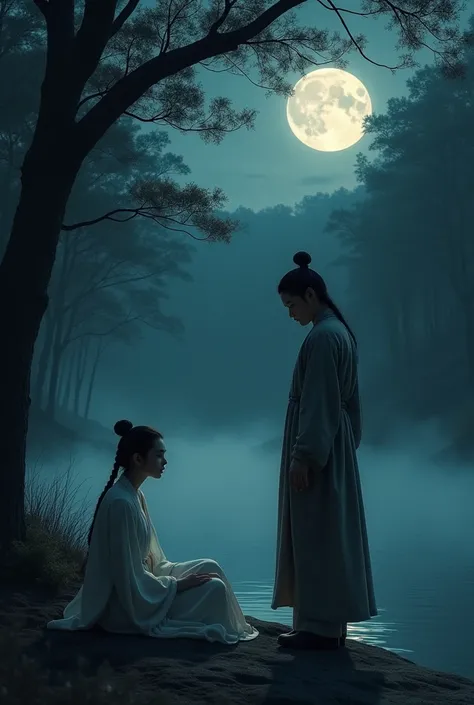 
Create a realistic image. A young woman in a white dress with a tired face sits panting by the riverside. In the forest at night, a young man stops in front of her. The young man is wearing white clothes in ancient China during the Tang Dynasty. The atmos...