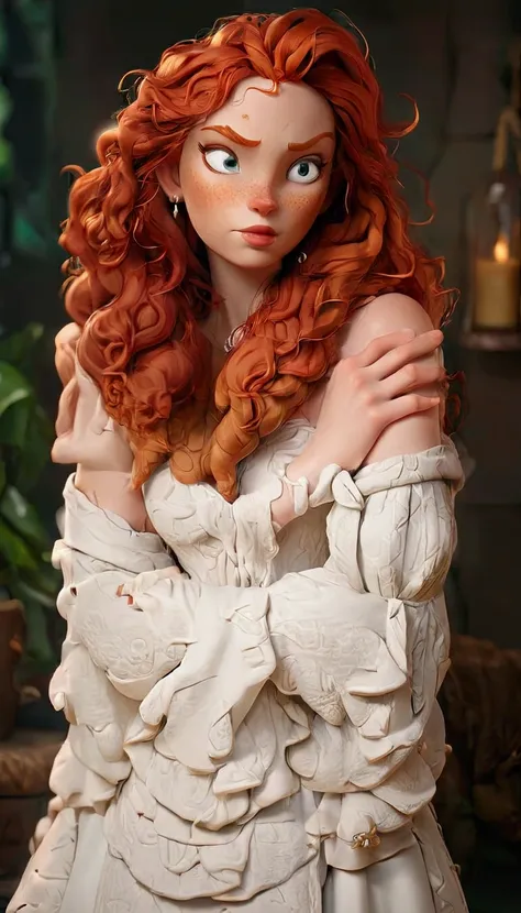 a close up of a woman with red hair wearing a white dress, with curly red hair, red haired goddess, curly red hair, ginger wavy ...