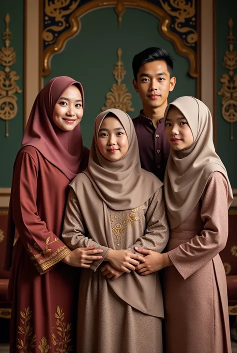 Portrait of indonesian family, one mom, two hijab daughter and two teen sons, realistic photograpy, decorative indoor studio,  cinematic, hyper realistic, super detail, HD 8K. 