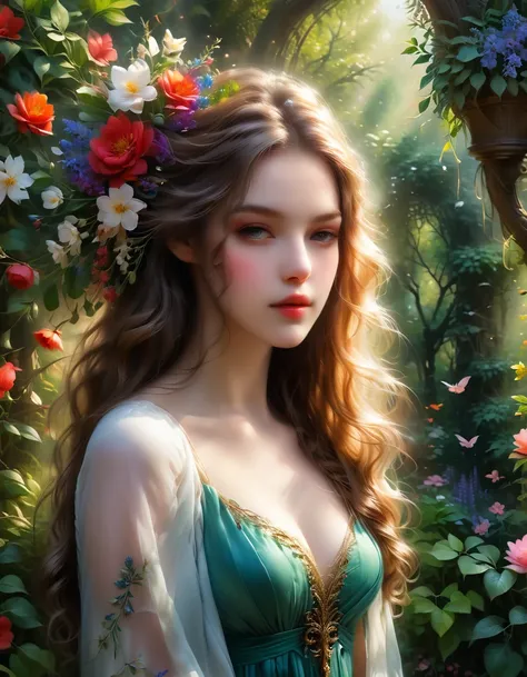 a beautiful girl in a lush garden, long flowing hair, detailed face, elegant dress, serene expression, sunlight filtering through the trees, vibrant colors, photorealistic, 8k, hyperdetailed, masterpiece