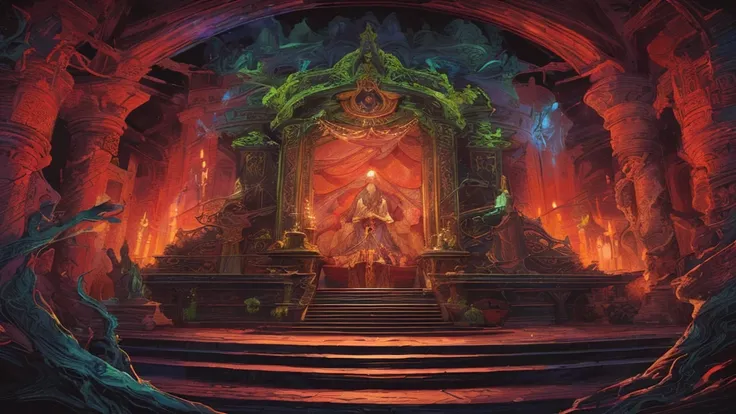 A painting，There is a dark cave in the painting，There is a throne in the cave，There are stairs above, and Mumford and alex grey style, Entering the Etheric Realm, el bosco and and Mumford, Symmetrical epic fantasy art, Portal to the Lost Realm of Flame, an...