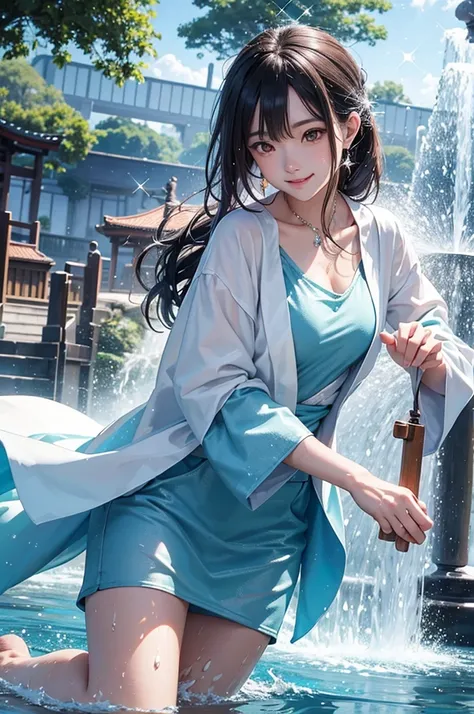 anime style, super fine illustration, highly detailed, dynamic angle, beautiful detailed, 8k, Japanese clothing young girl, about , playing in a fountain with their clothes on, on a summer afternoon; the Japanese clothing young girl, about , are smiling an...