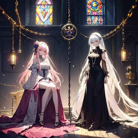 (Withered Flowers), ((masterpiece)) ((Highest quality)), Official Art, beautifully、aesthetic: 1.2), (1 female), Very detailed, colorful, Long white pink hair, Yellow Eyes. Asymmetrical dress. Dark Cathedral. Stained Glass Art. ((Chained to a room)) ((put o...