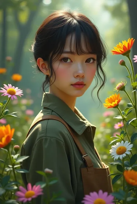 (realistic), (hyperrealism), best quality, masterpiece, very high resolution, (photorealistic: 1.4), 1 girl, (looking at the viewer), forest, age 30, weight 60 kg neat work clothes, light yellow skin, neat short hair, flowers, upper body, expressionless fa...