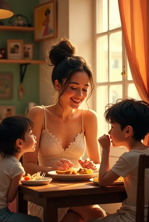 The dancer tells a story to her two children at the table, eating much more animatedly.
