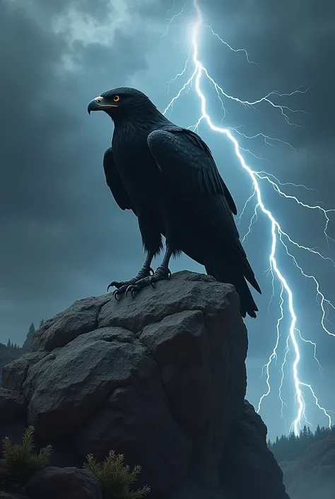 Make a black northeastern hawk on top of a rock, lightning falling behind 