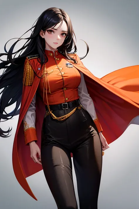 A young white girl with long black hair is wearing a military uniform., Orange Cape, Big hazel eyes, sf, Dark mood, Charterner v2