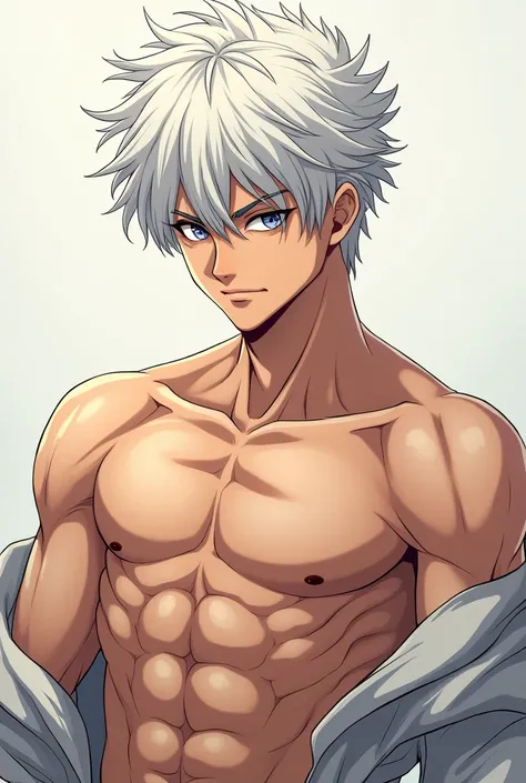 Anime boy with white hair and manly face ,shirtless 


