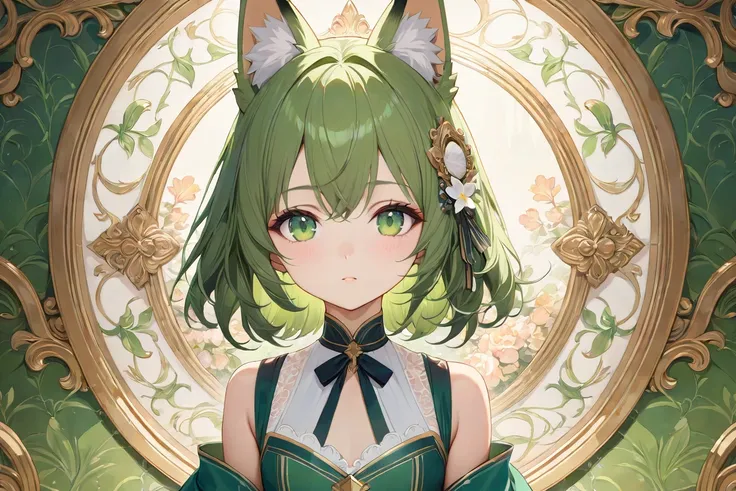 (alone:1.5),(masterpiece:1.5),(Highest quality:1.5),(bust:1.3),wonderful,Beautiful details,Highly detailed wallpaper,Highly detailed CG Unity 8k wallpaper,Very delicate and beautiful eyes,One person, Green Eyes,child,Fox Ears,