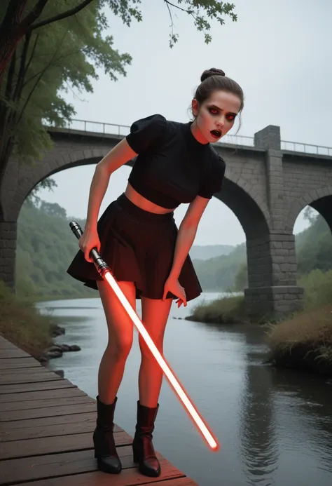 sith rey skywalker, red eyes, holding a red lightsaber, wears a cleaveage dark blouse, and a mini blue skirt, standing in hangin...