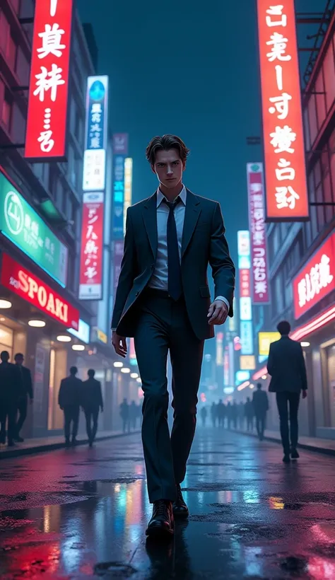 A young man with slicked-back brown hair, wearing a suit, walks through a bustling city at night. His face is filled with determination as he strides forward, the city lights reflecting off the wet pavement behind him. The neon signs and busy streets add t...