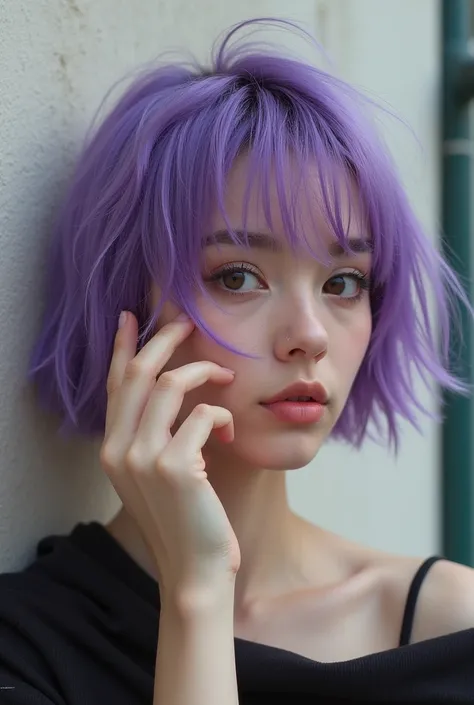 White girl with short purple hair, As a photo, of a real woman, just his face , half face all with hand , In the background a wall , Brown eyes , with light pole 