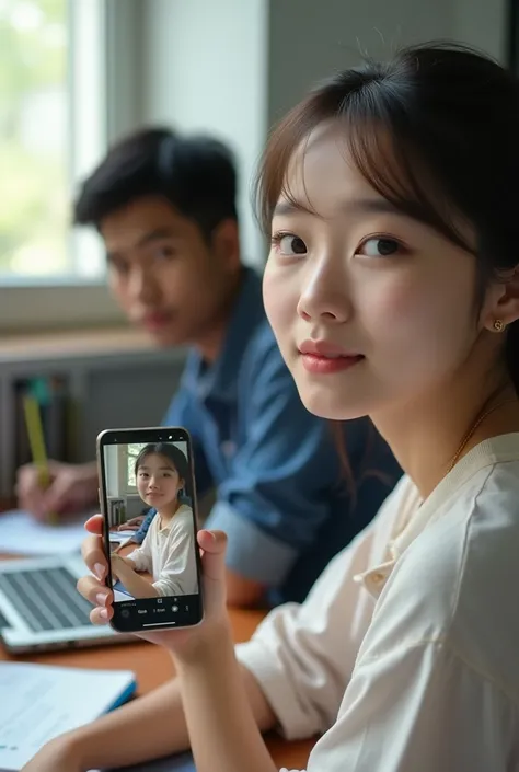 Create a realistic image from the perspective of a 20-year-old Korean girl with light skin, who is standing a few feet away from a 20-year-old Sri Lankan boy with a slightly dark complexion. The girl is taking a selfie with her phone that includes both her...