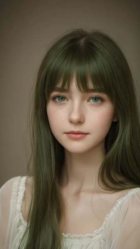 
a girl. European. Extremely detailed face. Oval face. Delicate facial features. Half-closed eyes. gentle. Long straight hair. Messy hair. Bangs. Green hair. Green eyes. Pensive. Melancholic. Ethereal. Innocent. smile
