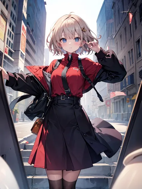 one person&#39;s, Ahoge, bangs, black skirt, black sweater, Blue Claws, Blurred, Blurred background, chest, Brown eyes, Brown Hair, brown Jacket, Mouth closed, Day付付き, Day, Written boundary depth, Earrings, eyelash, Please raise your hand, Tilt your head, ...