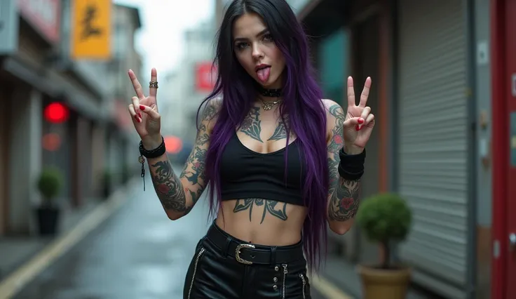 create a photorealistic image of a white girl with black hair and purple highlights, wearing gothic clothes, tattoos and piercings, black skirt with thigh high socks, with tongue out making a rock n roll gesture in wide camera shot