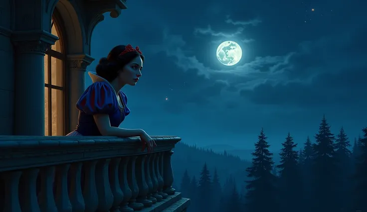 Snow White has a sad look, she is on the castle balcony, Its night and the moon is full, trees on the horizon 