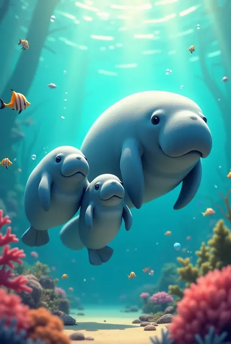 Create an animated image of a manatee with his family in a creative way  