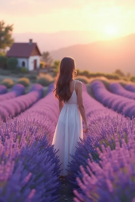 A beautiful picture of lavendar farm. A small beautiful house in the background. A beautiful girl standing in the lavendar farm and smelling the fragrance of the lavender flowers
Image Length 14cm, Height 10.4cm