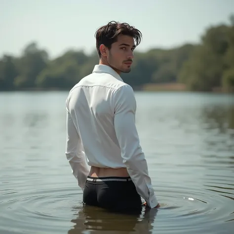 A white man, 3, model type, with short dark hair, with clear eyes, wearing a full white shirt and black boxers, standing backwards, looking at the camera and showing her ass in a lake in Alentejo