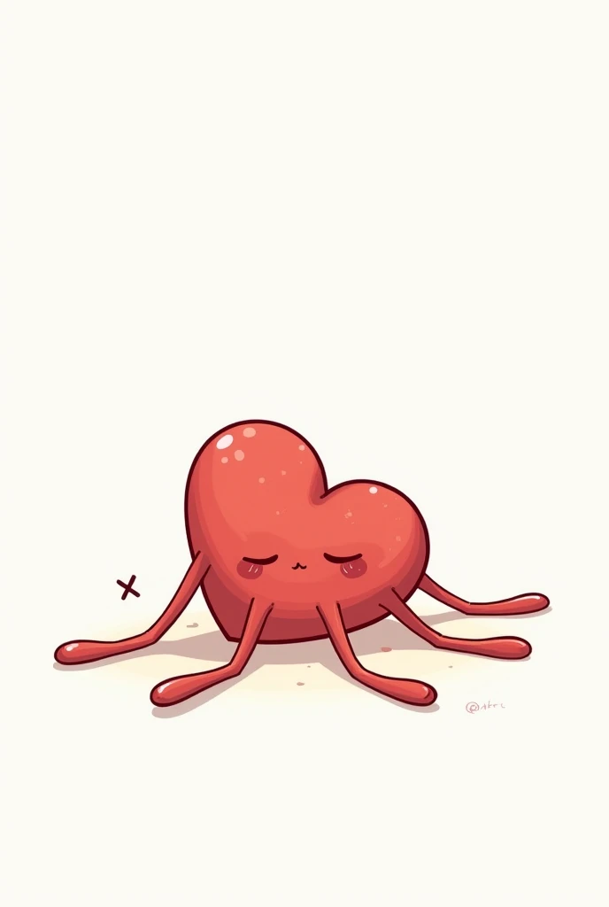 Make me a heart with long limbs that sits on the ground, tired out. White background). The limbs come out from the heart itself, has no body or face. Cartoon style