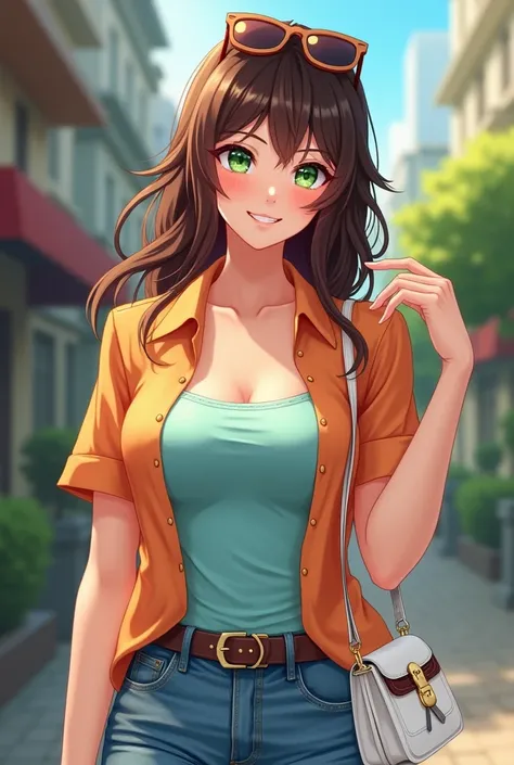 A beautiful 36-year-old anime fantasy lady who is rich, her brown hair shines in the light, her lips are like a beautiful smile, her cheeks are a little pink, she wears denim jeans and a short-sleeved mango-colored shirt with open buttons, with a sky blue ...