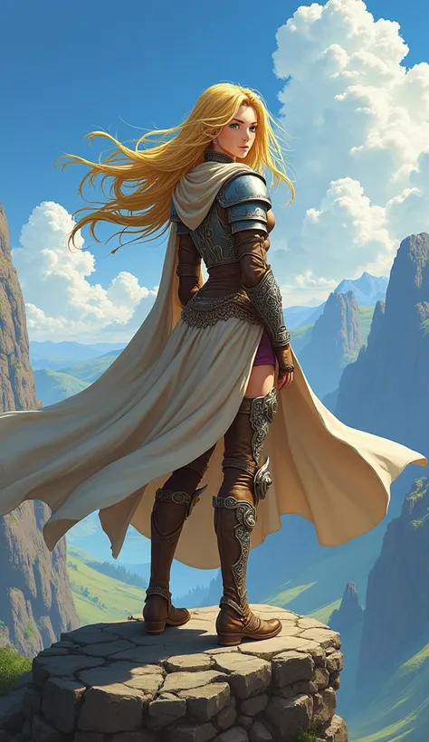 A young woman with flowing blonde hair, dressed in a fantasy warrior outfit, stands on a cliff overlooking a vast landscape. Her face shows a mix of bravery and resolve as she prepares for an upcoming battle. The wind blows through her hair and cape, addin...