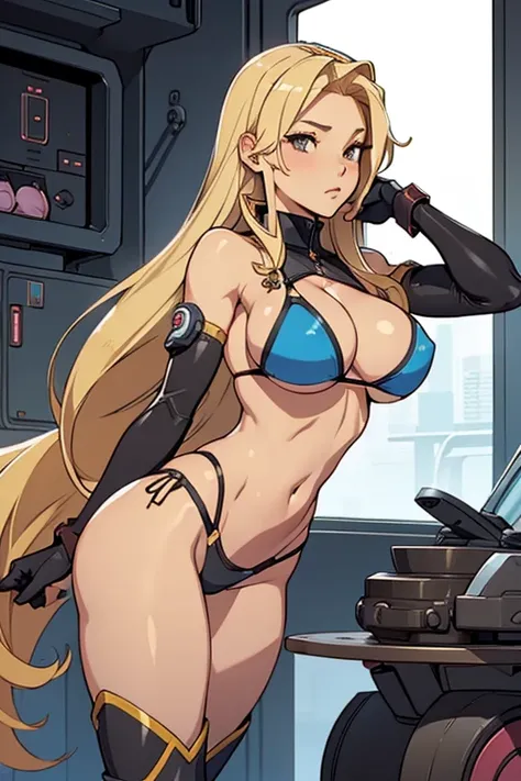 1 female、blonde、Long Hair、head band、Big Breasts、stylish、Bikini Style Pilot Suit、Tops Left Breast Cup Machine、Right breast cup fabric、Bottoms、Low rise、Side metal parts、Thimble gloves、Knee-high boots