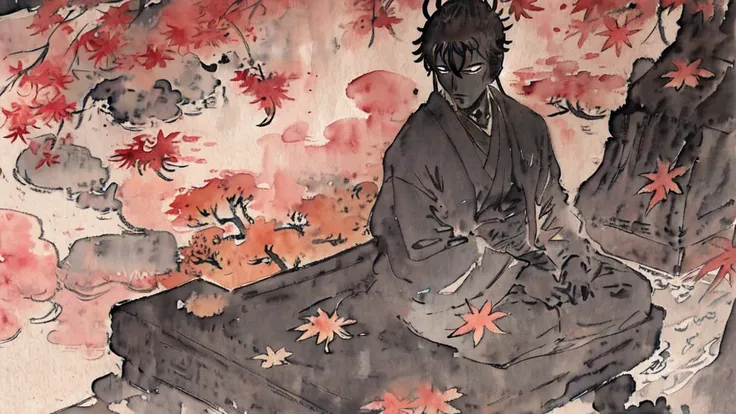 (watercolor:1.2), watercolor, Painting (Moderate),Kyoto、Buddhist statue、The person is a black silhouette。、sightseeing、autumn leaves