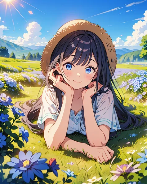 Highest quality, 32K, High resolution, masterpiece:1.5, Colorful Nemophila Fields, Lie on your back, Close your eyes and laugh, Transparent air, Summer sunshine