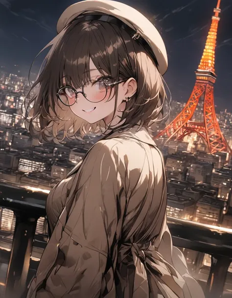 masterpiece、1 girl, short hair, (((brown tone on tone clothes))), (beret), glasses, smile, Tokyo city background, city ​​of Tokyo, Night, ((tokyo tower))