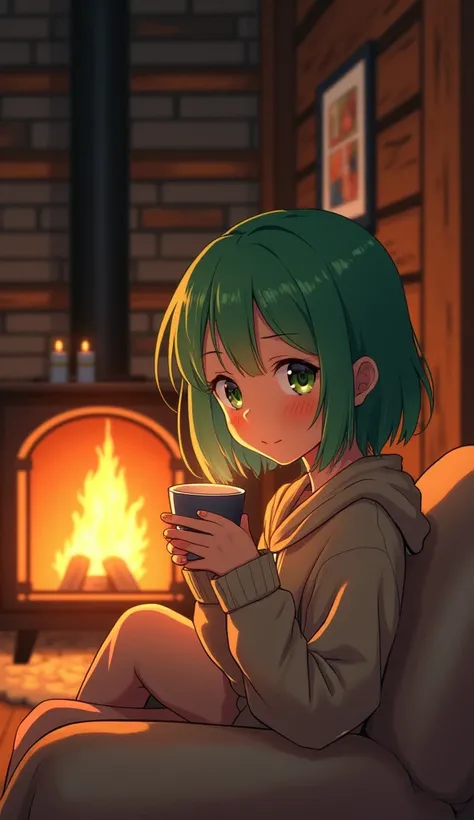 young girl with short green hair, wearing a cozy sweater, sits by a fireplace in a small cabin. Her face is filled with warmth and comfort as she sips a cup of tea, the fire crackling softly beside her. The cabin is filled with soft, warm light, creating a...